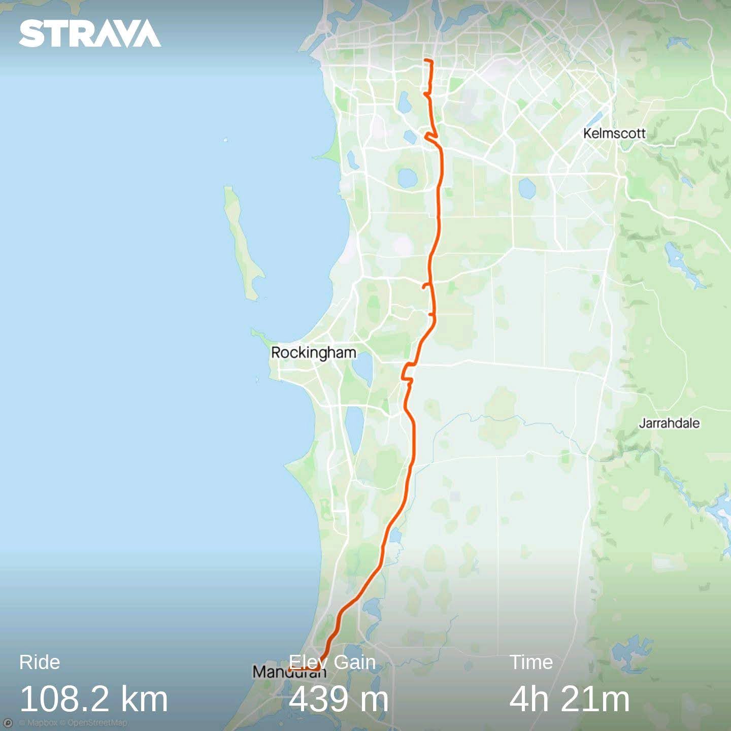 Strava Map of the Century Ride from start to Mandurah to Kwinana Station. Does not include last section from Murdoch station back to start.