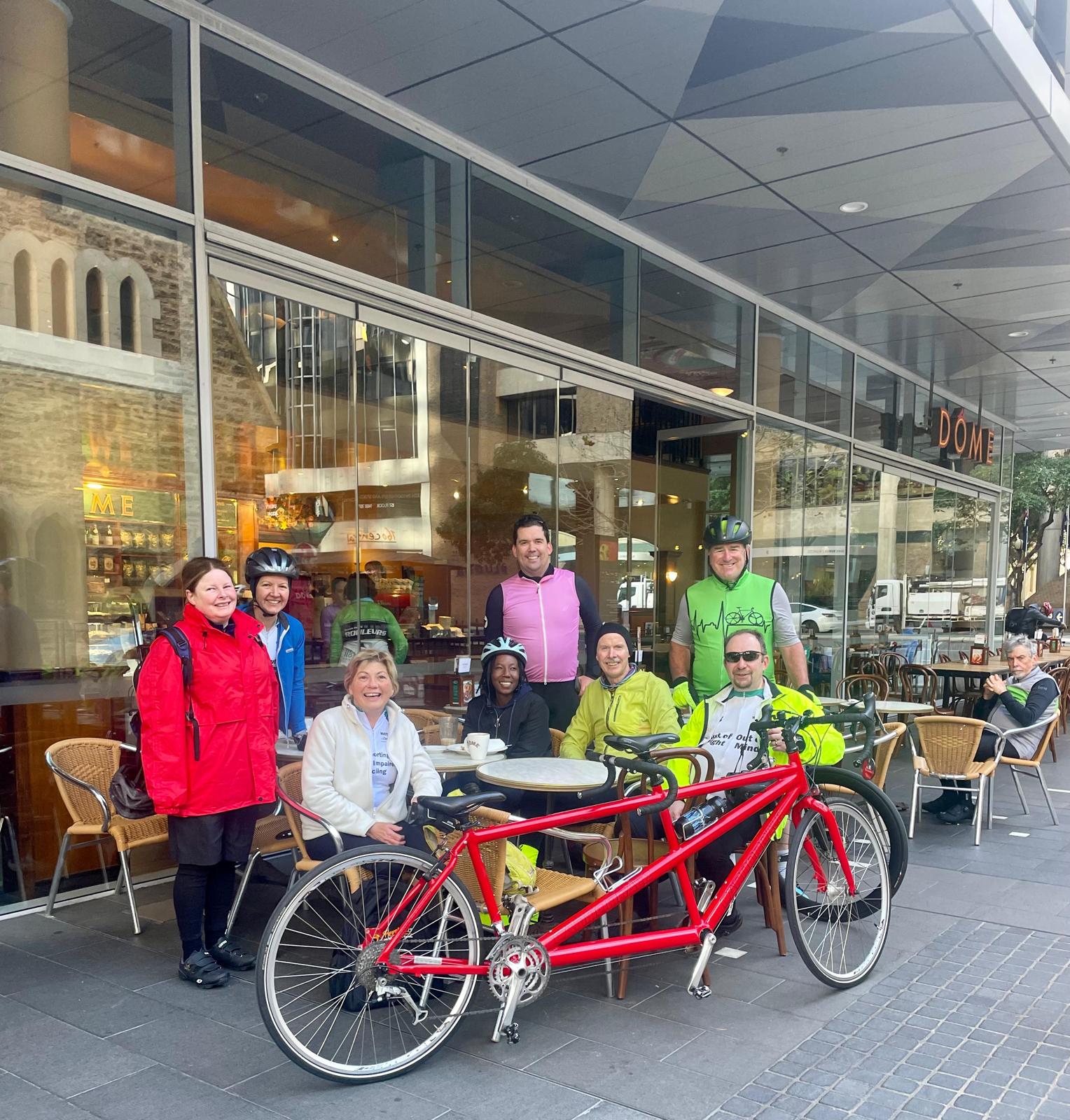 We joined the South Perth Roullers for club rides in winter and spring, the group of three tandems and two Singles shown here stopped for coffee at the SPR watering hole (Dome Cafe) in the city.